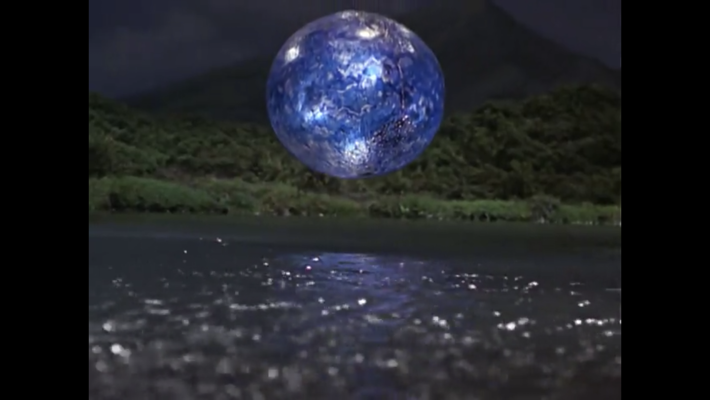 Blue space sphere descending into a lake